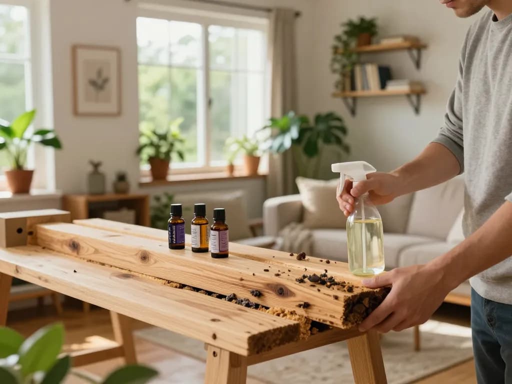 Proprietario di casa che valuta i mobili in legno per i tarli del legno come eliminarli utilizzando rimedi naturali in una stanza luminosa e accogliente.