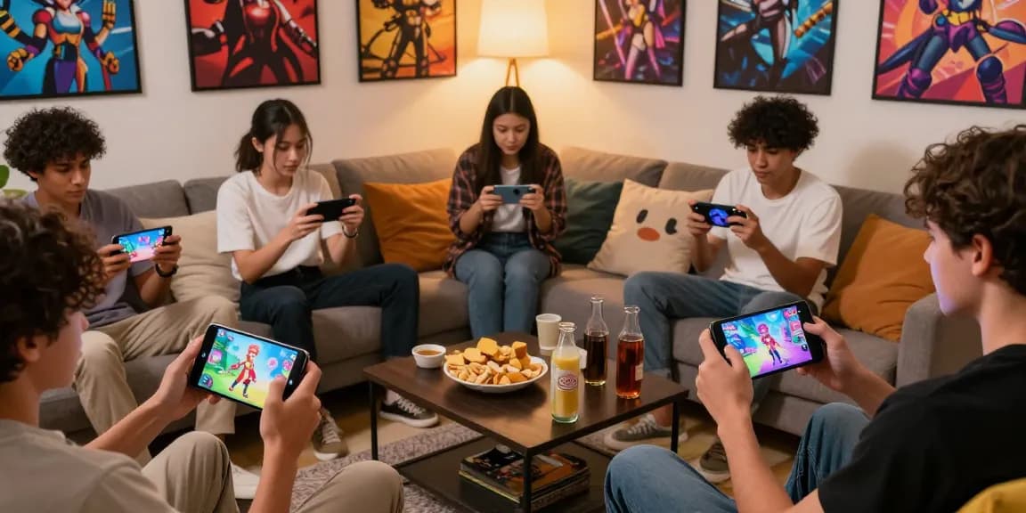 Enjoying mobile hentai game with friends in a cozy living room.