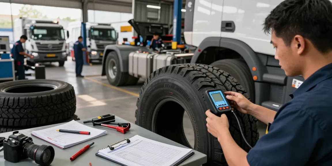 Technicians evaluating Double Coin RR99 tires at a busy service center, ensuring quality and performance standards.