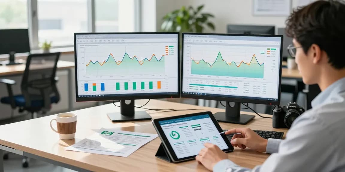 Energy analyst examining business electricity half hourly meter data in a bright office, showcasing energy efficiency.