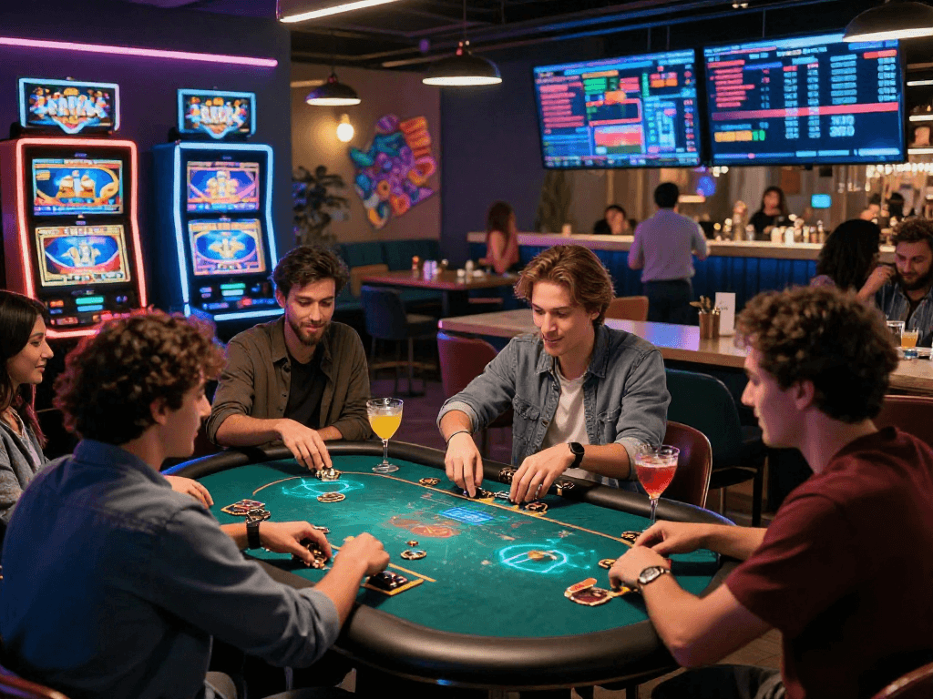 Exciting crypto casino atmosphere with diverse friends celebrating while playing virtual poker in a vibrant lounge.
