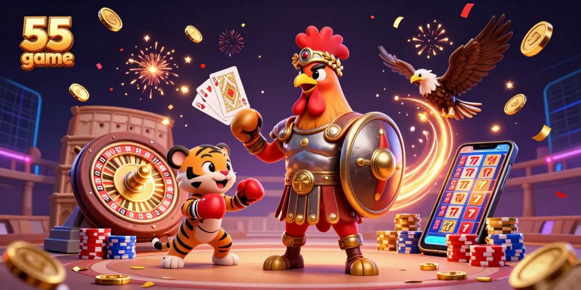 Engage with the thrilling 55 club game featuring a gladiator rooster and festive casino elements.