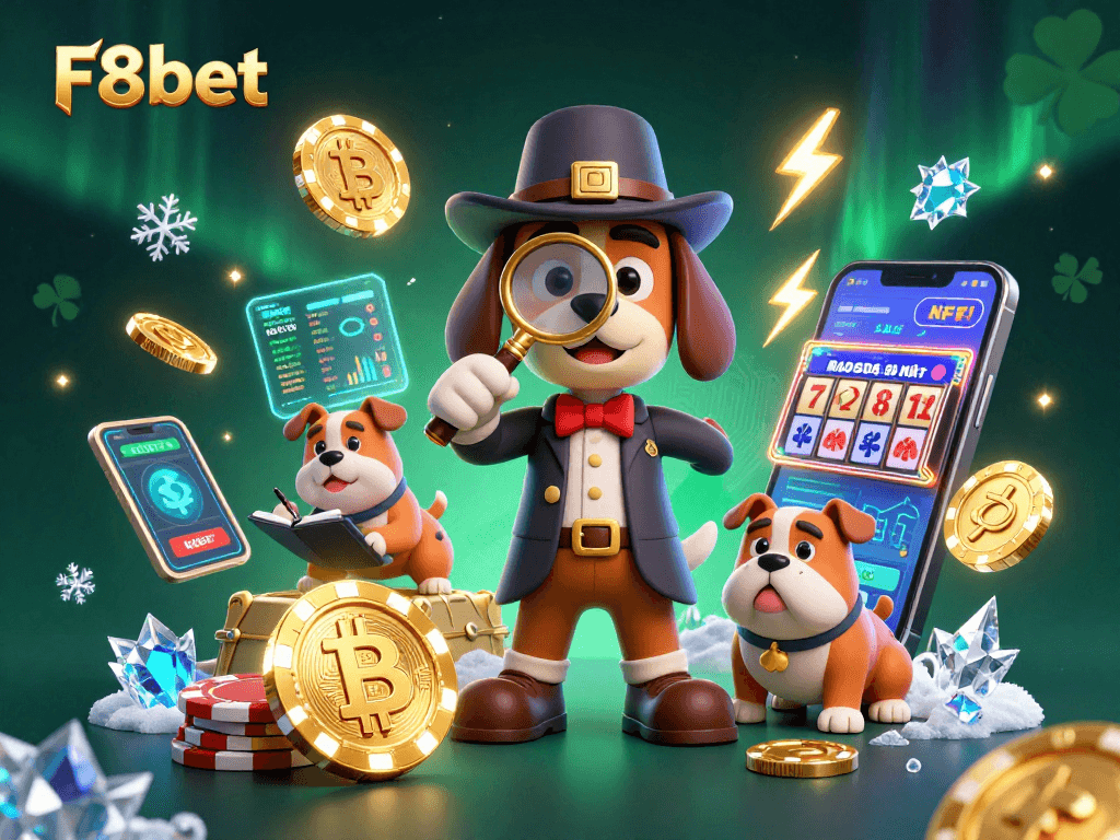 Uncover F8bet winning strategies with a detective-themed illustration exploring poker chips and crypto.