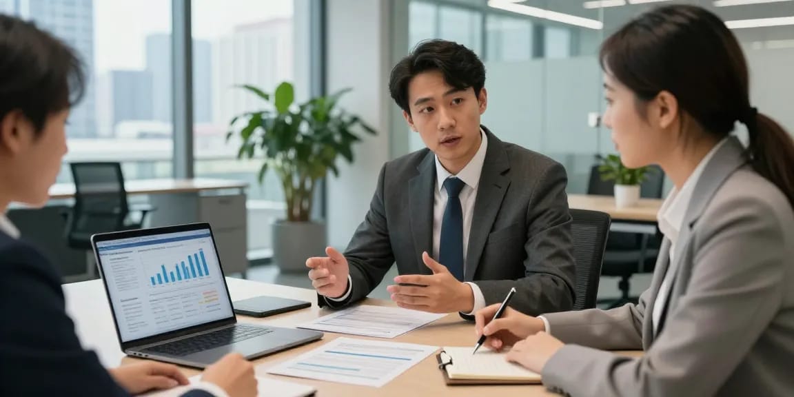Consultation about merchant cash advance bad credit in a modern office, showcasing professional interaction.