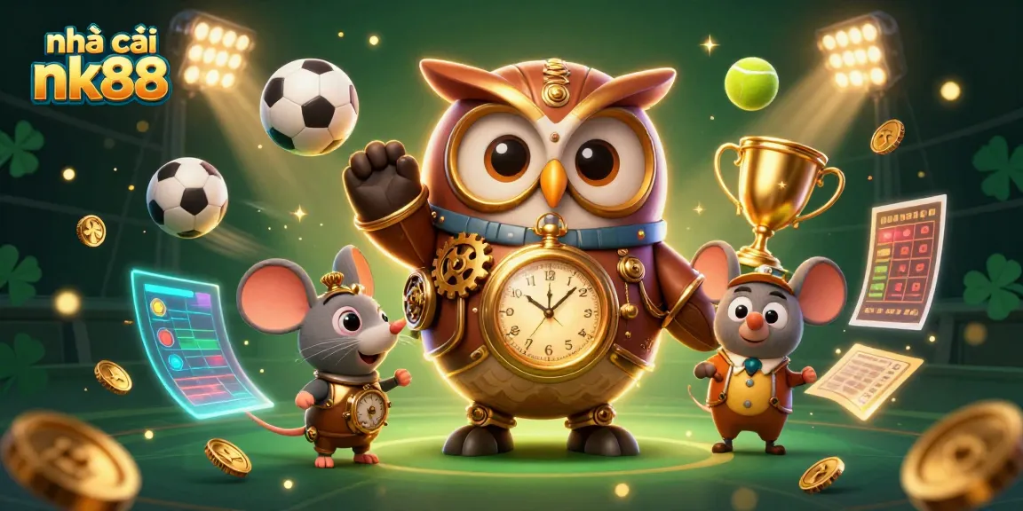 Experience the excitement at nhà cái nk88 with a vibrant casino-themed scene featuring a time-traveler owl and dynamic sports elements.