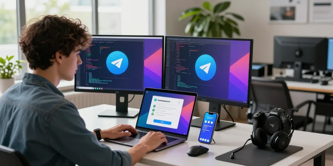 Downloading Telegram on a sleek laptop in a vibrant workspace with tech gadgets.