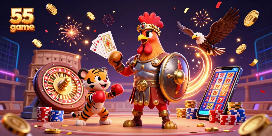 Engage with the thrilling 55 club game featuring a gladiator rooster and festive casino elements.