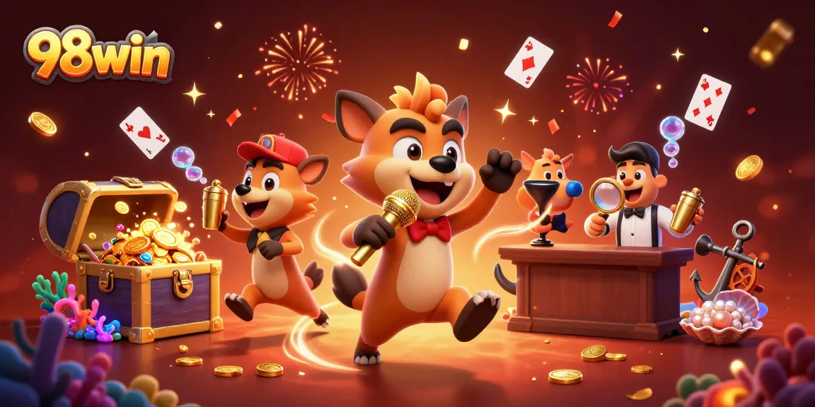 Experience the vibrant universe of 98win through a dynamic casino scene with hyenas and vivid gambling elements.