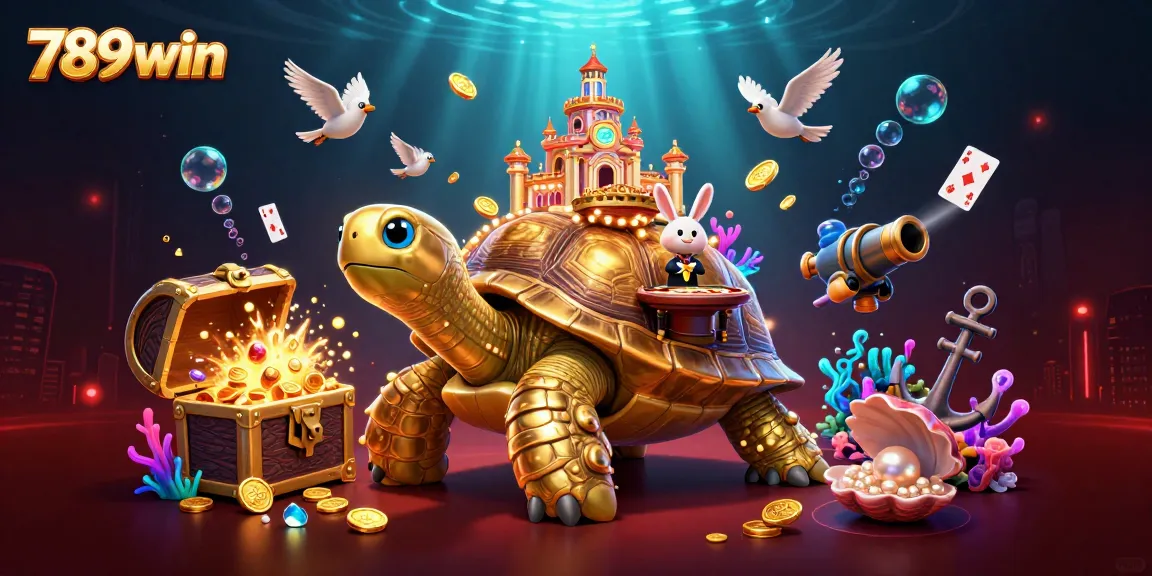 Experience the excitement of 789win's gaming with captivating golden tortoise and dealer at the casino.