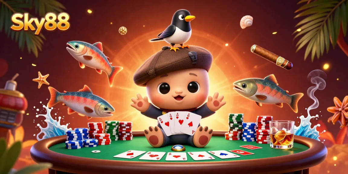 Experience thrilling gameplay at Sky88 with 3D characters, poker elements, and vibrant casino atmosphere.