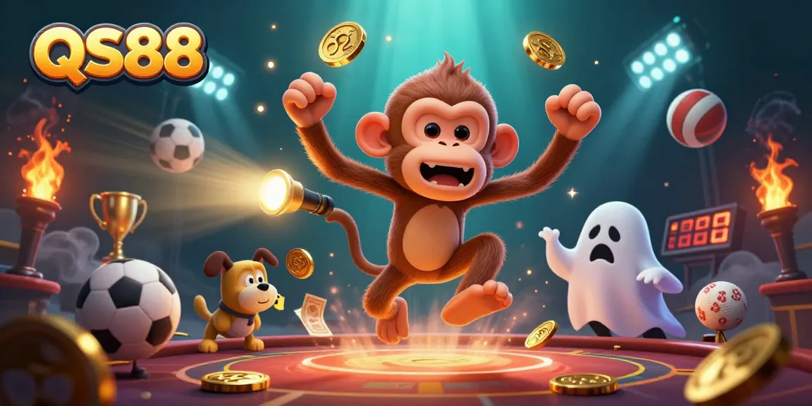 Experience QS88 with a vivid 3D scene of a mischievous monkey juggling coins in a dynamic casino.