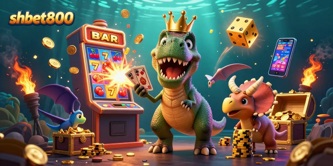 Experience thrilling casino action with shbet800 featuring a T-Rex, cards, and jackpot elements!
