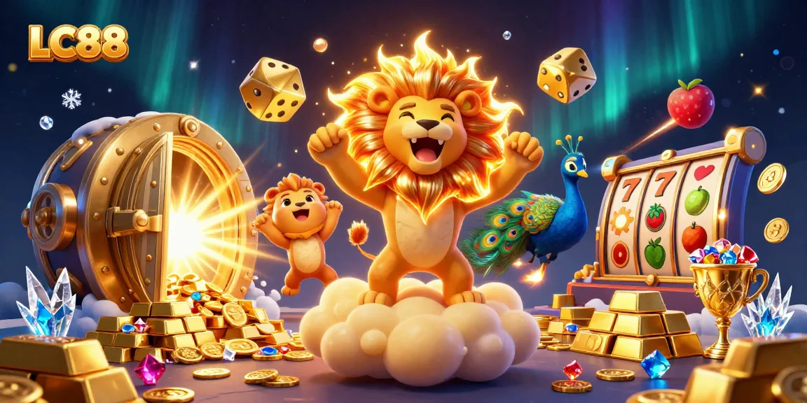 Engage with LC88’s thrilling casino experience featuring vibrant characters, golden treasures, and dynamic slot elements.