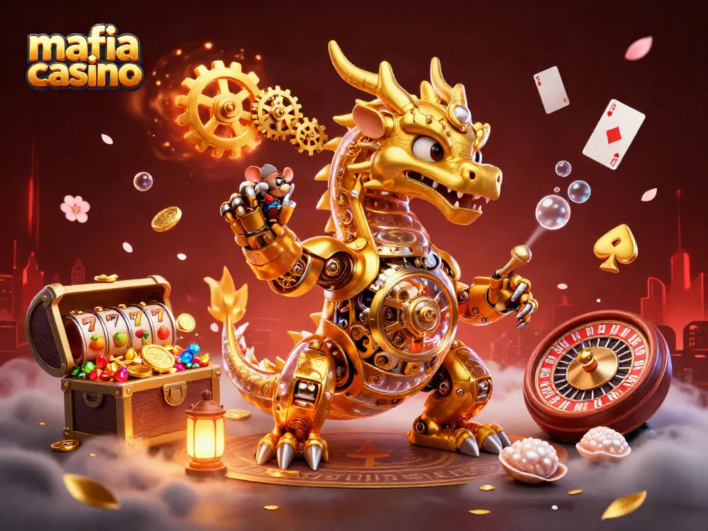 Mafia Casino illustration featuring a biomechanical dragon with slot reels, gold coins, and colorful gems.