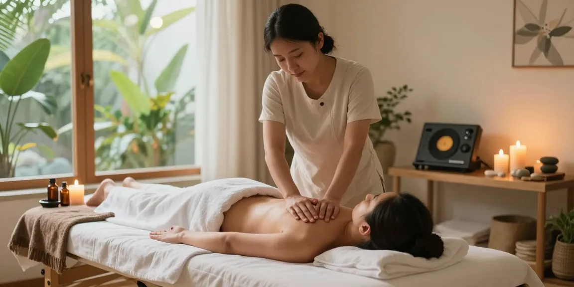 Calming 중랑구출장마사지 session in a serene wellness studio with a therapist and client.