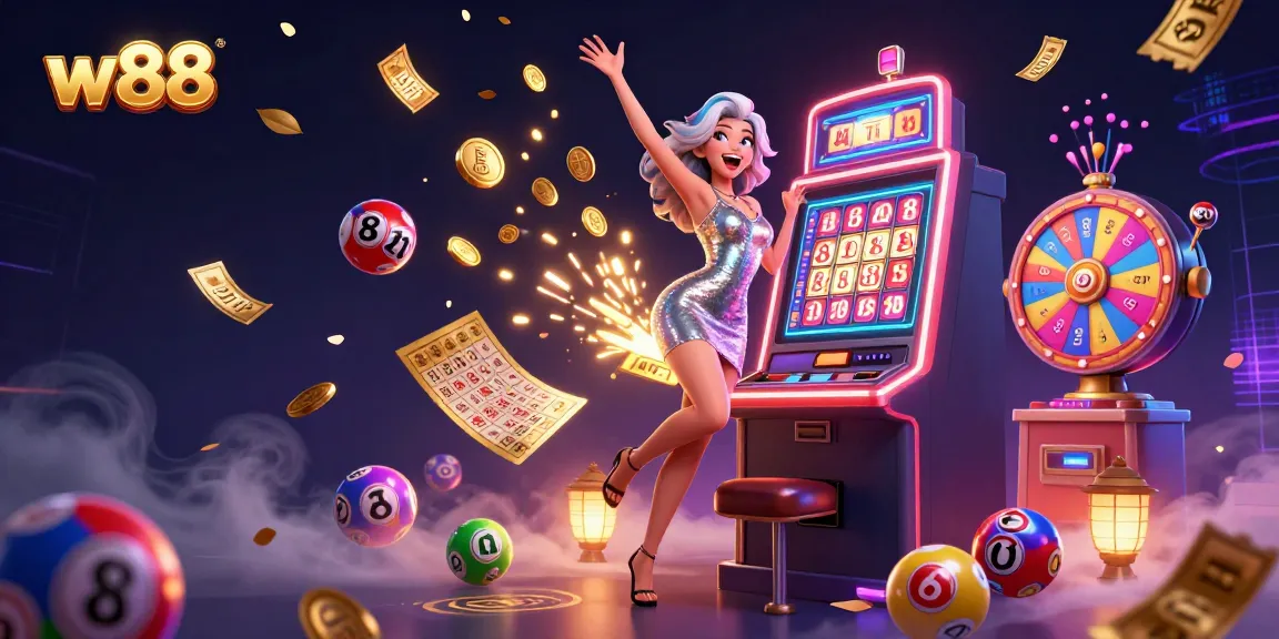 w88 celebrates jackpot victories with vibrant casino illustration featuring exciting slot action and colorful game elements.