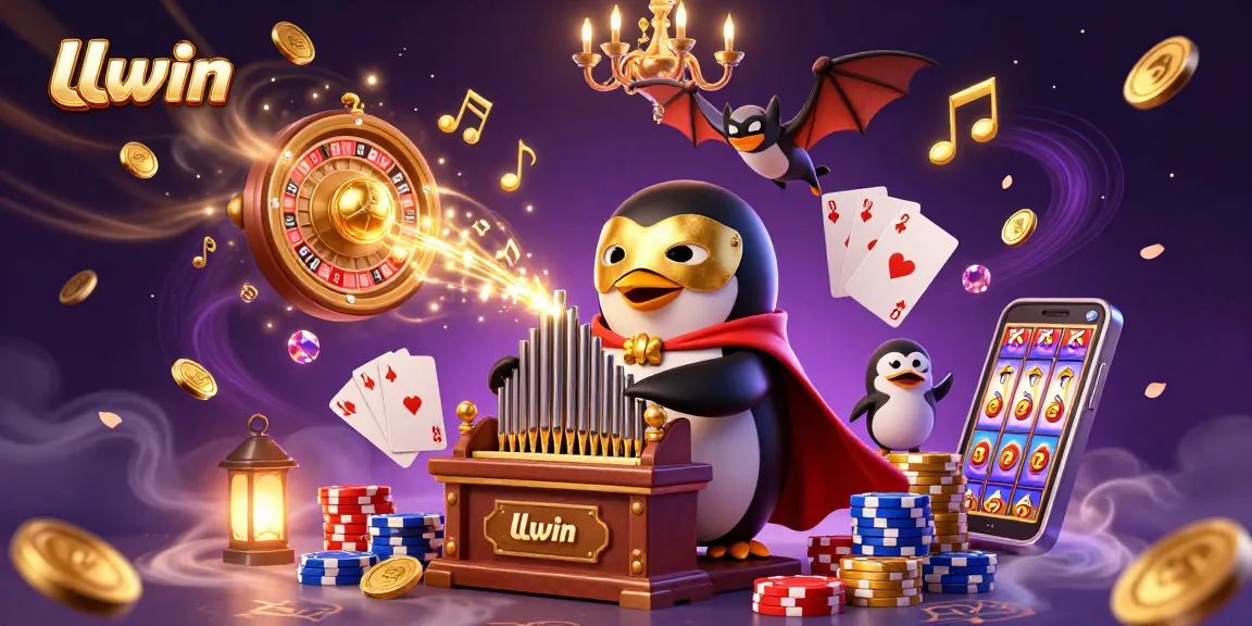 LLwin showcases a vivid casino scene with a golden masked penguin playing an organ, emitting coins while acrobatic elements enhance the lively atmosphere.
