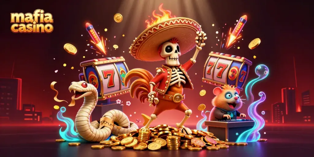 Experience thrilling gameplay at mafia casino with a vibrant illustration of a dynamic scene featuring engaging characters and games.