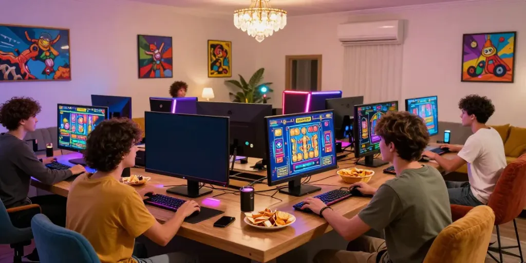 Friends enjoying rokok88 slot in a vibrant gaming lounge with modern devices and snacks.