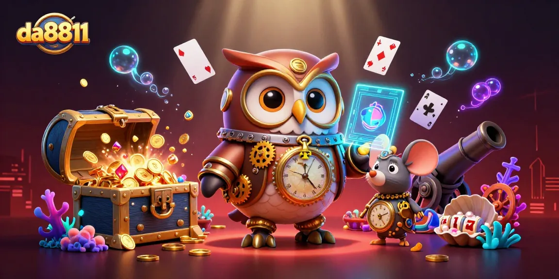 Experience da8811's thrilling casino adventure with a whimsical time-traveler owl and rich game elements.