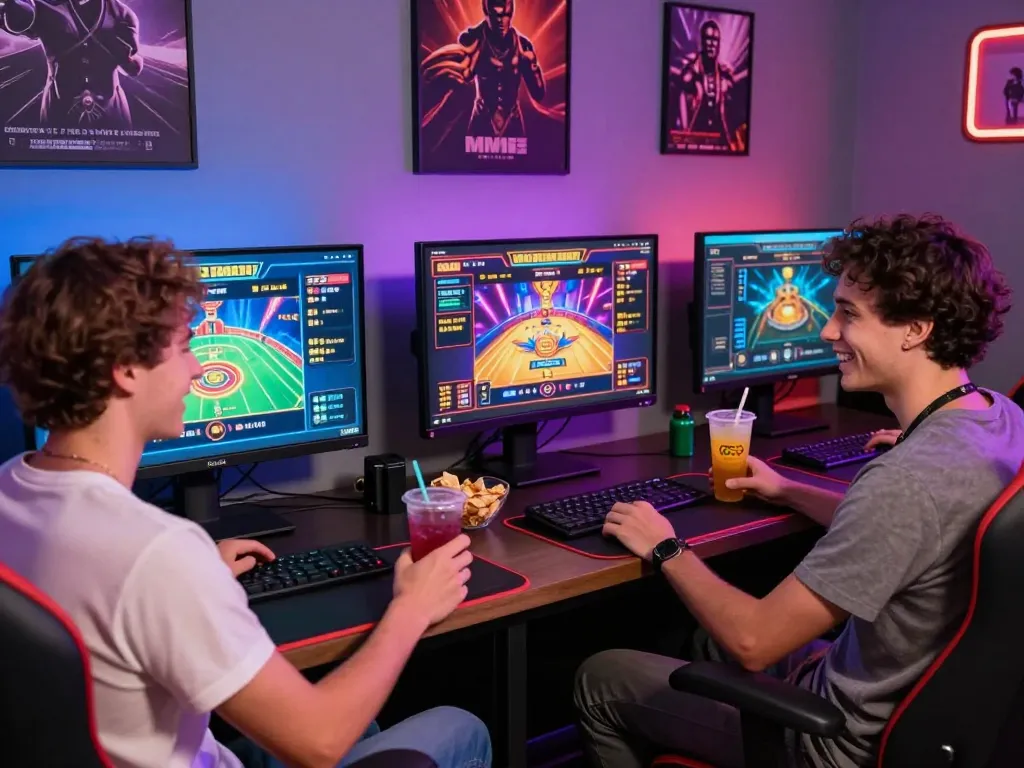 Two friends enjoying MM88 online gaming with vibrant setup and snacks.