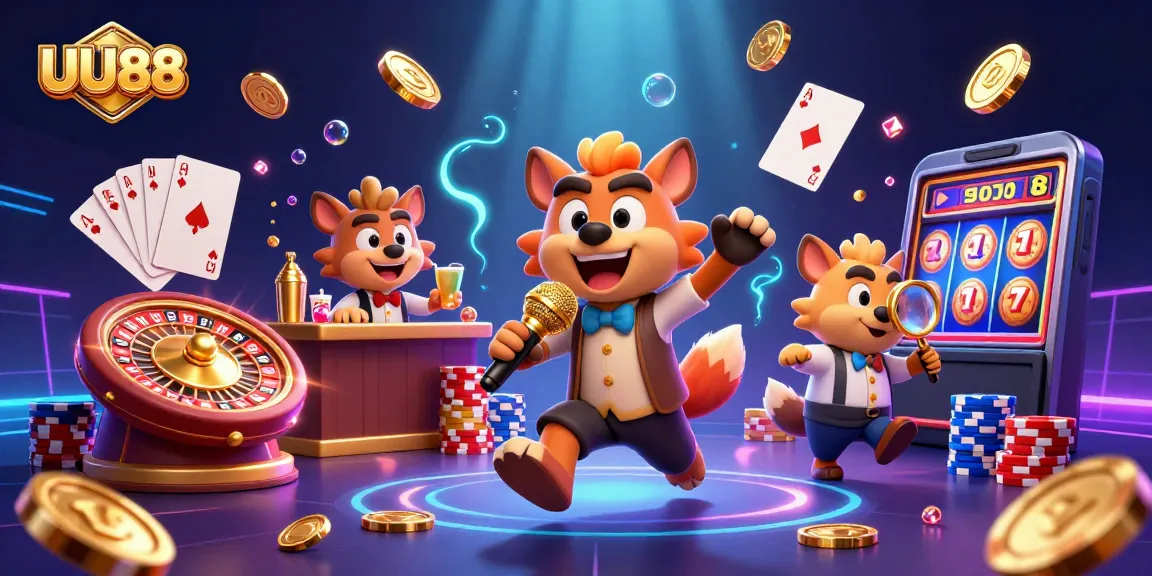 Engage with UU88 through a colorful comedy casino scene featuring hyenas in Vegas-style antics.