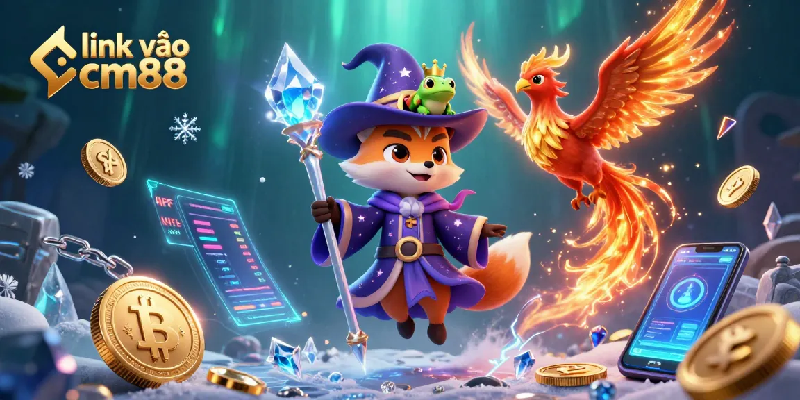 Engage in exciting gaming at link vào cm88, featuring vibrant 3D wizard and phoenix illustrations.