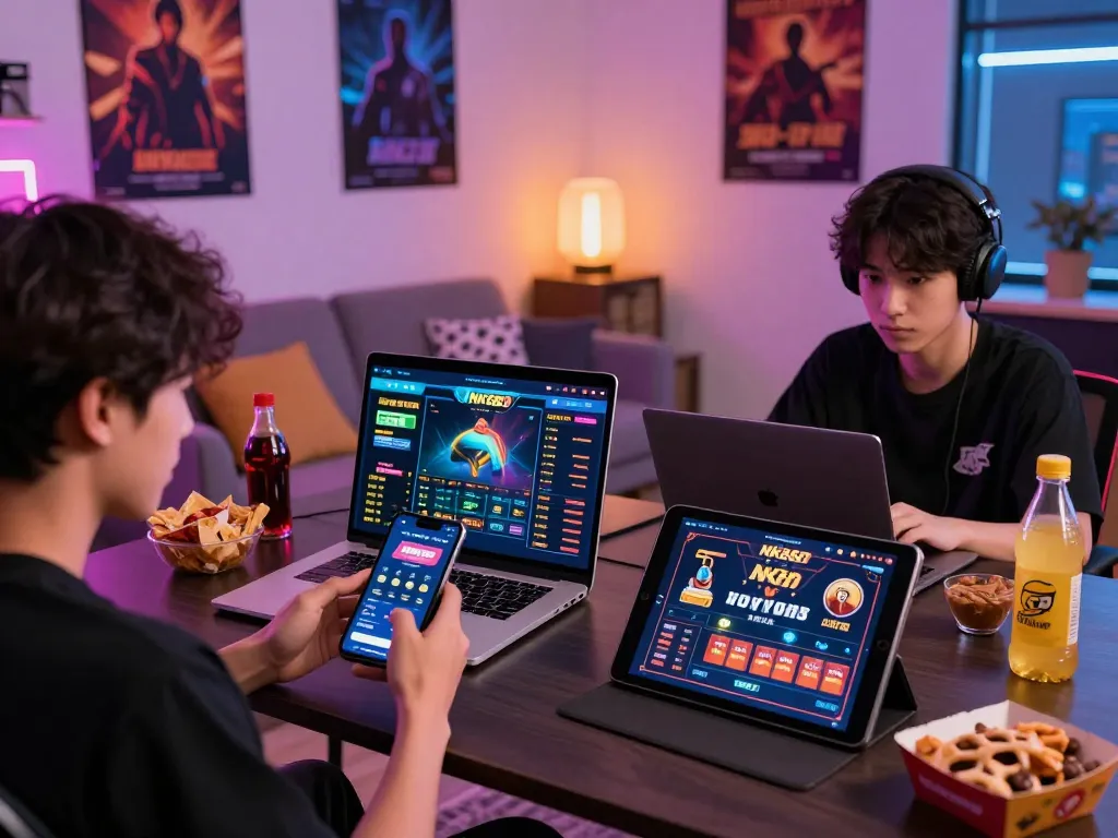 Engaged Gen Z gamers enjoying NK88's online betting experience on multiple devices in a lively setting.
