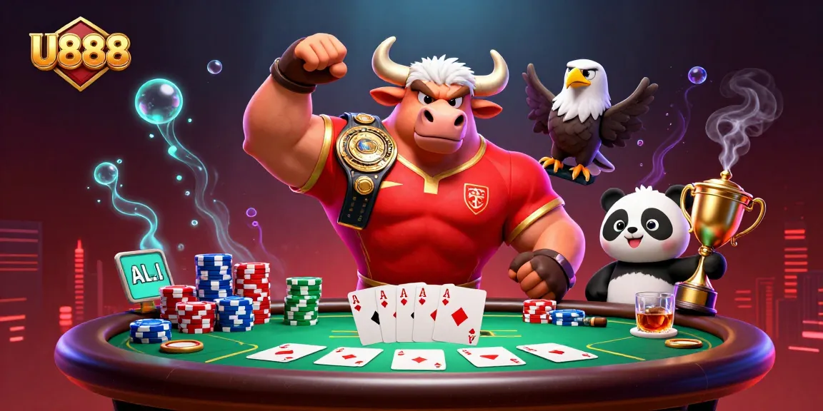 U888 showcasing a muscular bull mascot in victory pose amid vibrant poker elements.