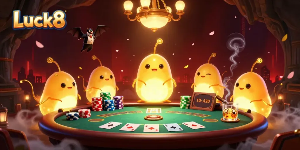 Experience Luck8's vibrant cave casino with bioluminescent glowworms and a bat dealer in action.