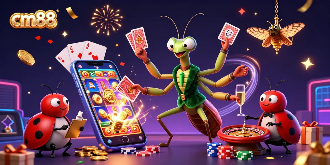 Experience excitement with cm88’s vibrant characters and thrilling casino games in an energetic celebration scene.