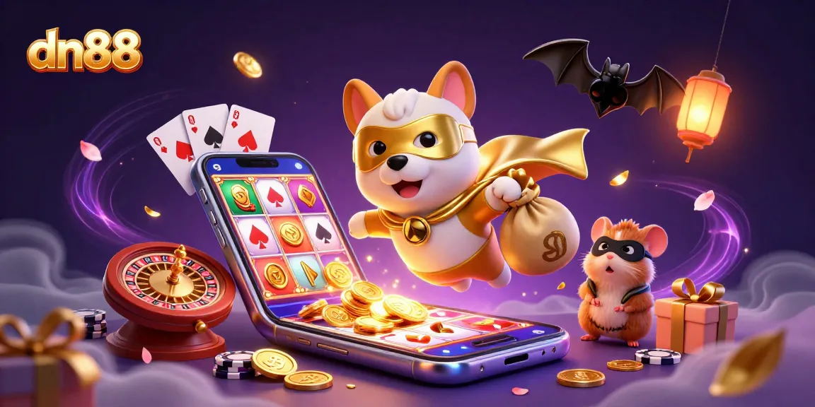 Experience thrilling gaming with dn88, featuring a superhero dog and sidekick amidst vibrant casino elements.