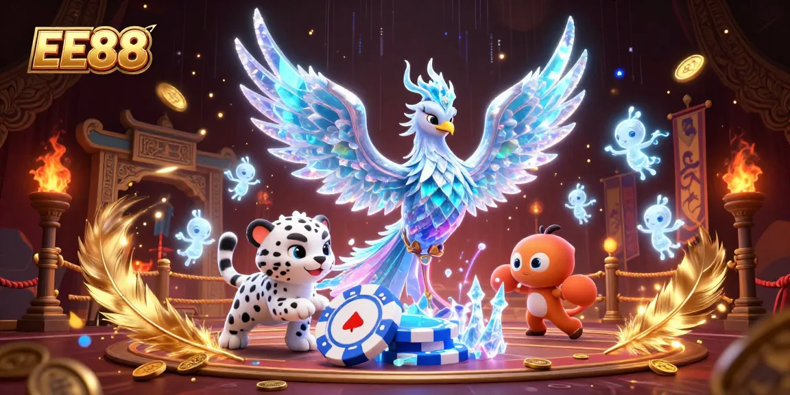 EE88 showcases an ice phoenix and a playful snow leopard cub in an engaging casino scene.