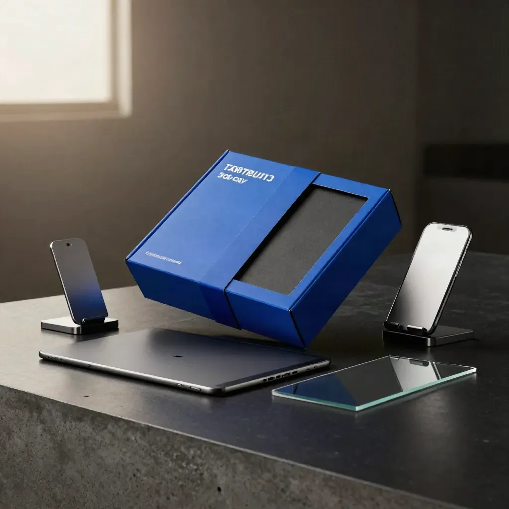 Box campagna blu elettrico con inserti antracite su base nera, luce drammatica e riflessi