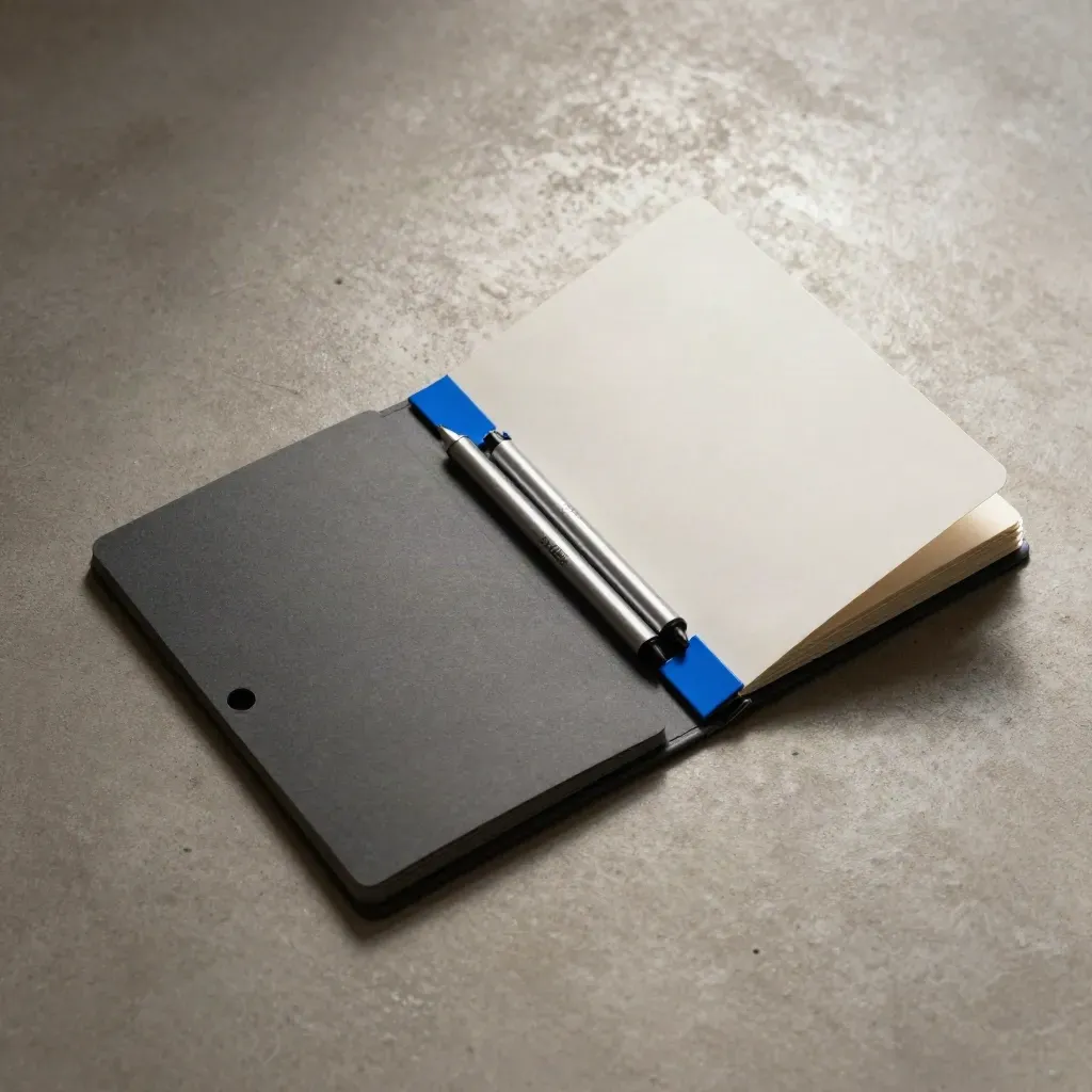 Flatlay di cartelle per annunci Google Ads con clip blu e marker metallici su cemento chiaro.
