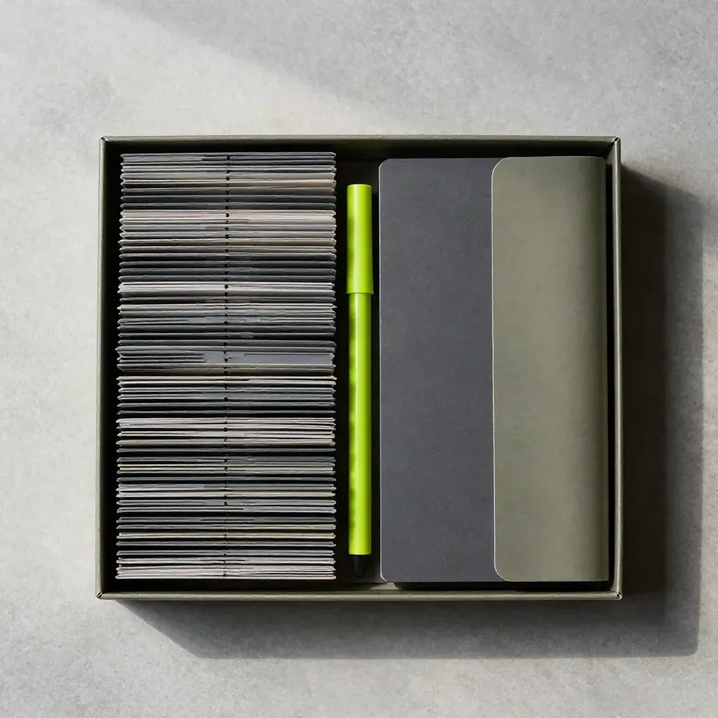 Flatlay editoriale con divisori grafite, tab indice e marker lime su pietra chiara.