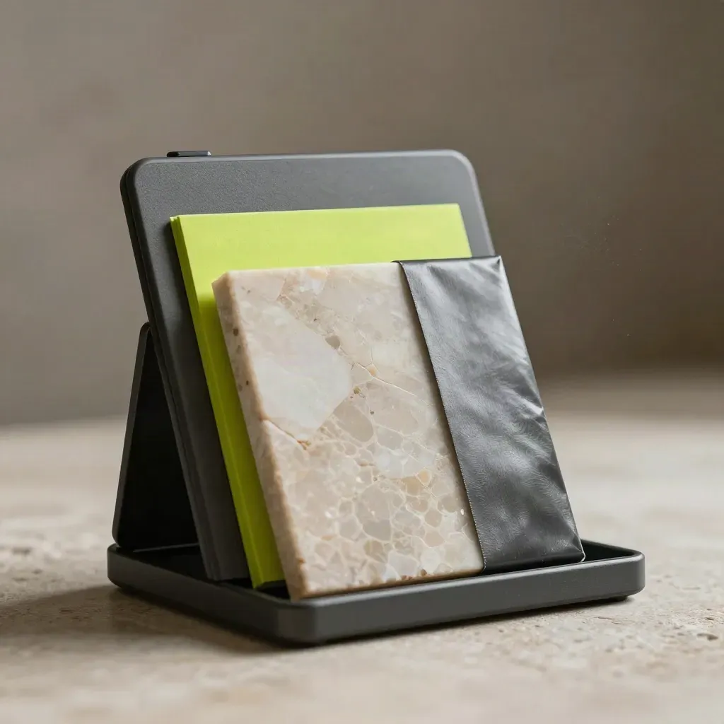 Kit audit SEO in grafite con divisore lime e campione pietra su sfondo chiaro.
