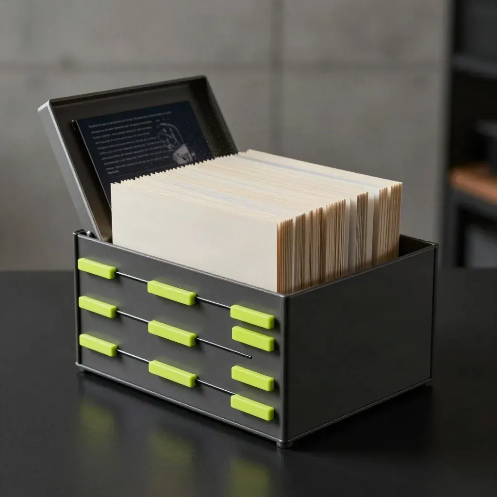 Scatola archivio SEO con tab lime e divisori antracite su fondo scuro