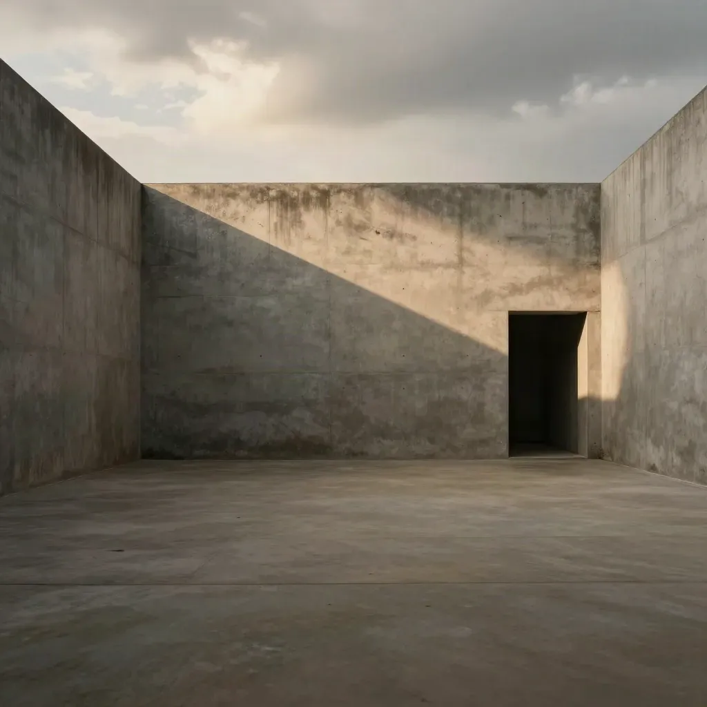 Cortile in cemento con rientranza in intonaco chiaro e porta lontana, luce soffusa dall'alto