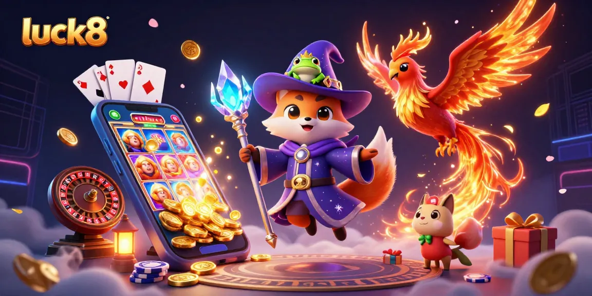 Place bets at luck8 with a 3D fox wizard featuring magical gaming elements and vibrant coins.