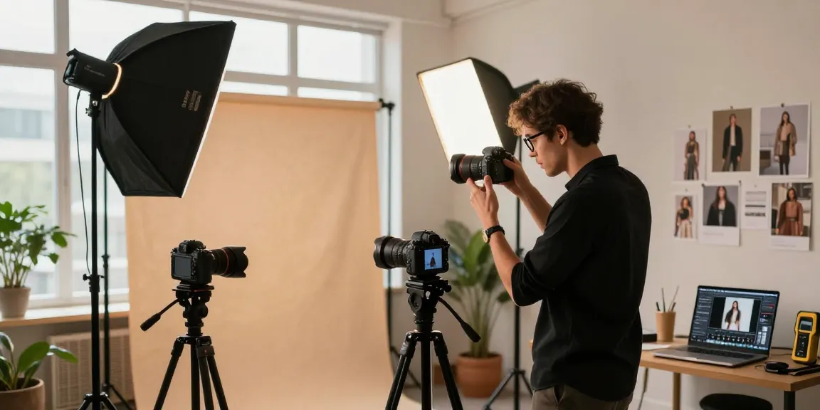 Fotografo professionista in un ambiente da studio, che mostra i servizi di Fotografo Commerciale Milano con esposizione di prodotti stilosi e impostazione di illuminazione.
