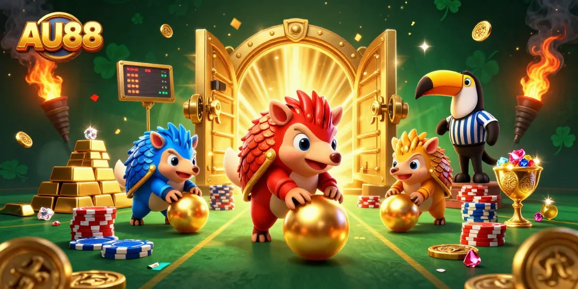 AU88 pangolins compete with golden balls and poker chips, showcasing an adventurous casino atmosphere.