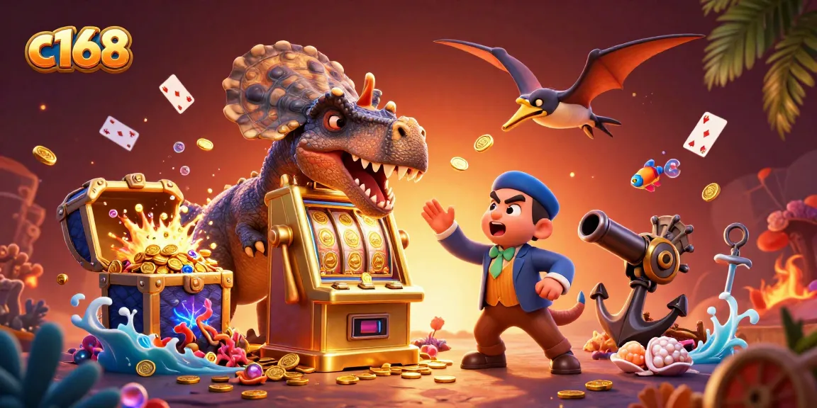 c168 delights gamblers with a vibrant 3D scene of fun characters, jackpot wins, and casino action.