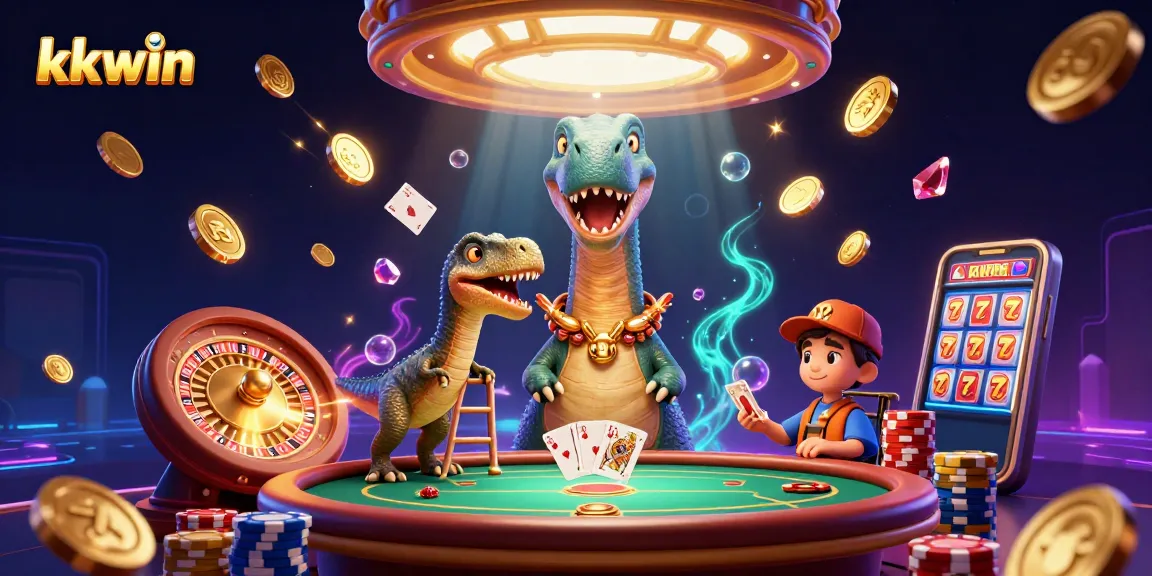 kkwin showcases an exciting casino scene with a giant dinosaur interacting with a clever raptor dealer.