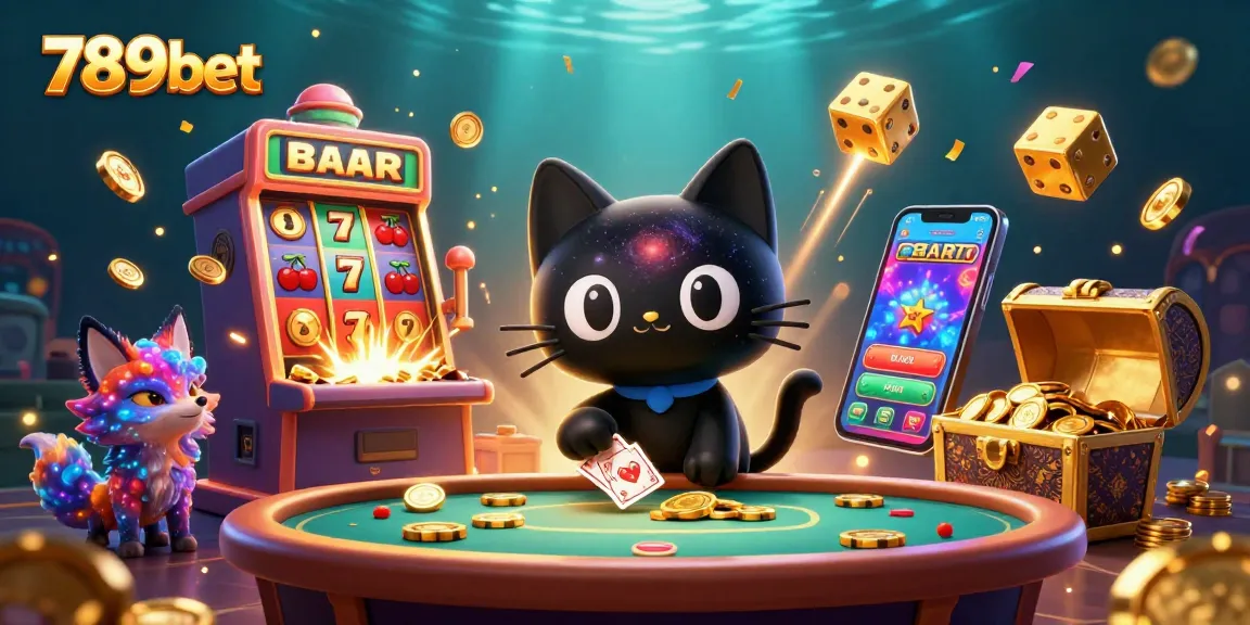 Engage with 789bet’s thrilling casino scene featuring a cosmic cat and vibrant fox amidst slot machines.