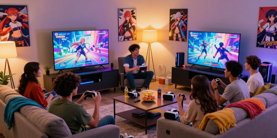 Group of friends enjoying a hentai game in a lively living room with colorful decor.