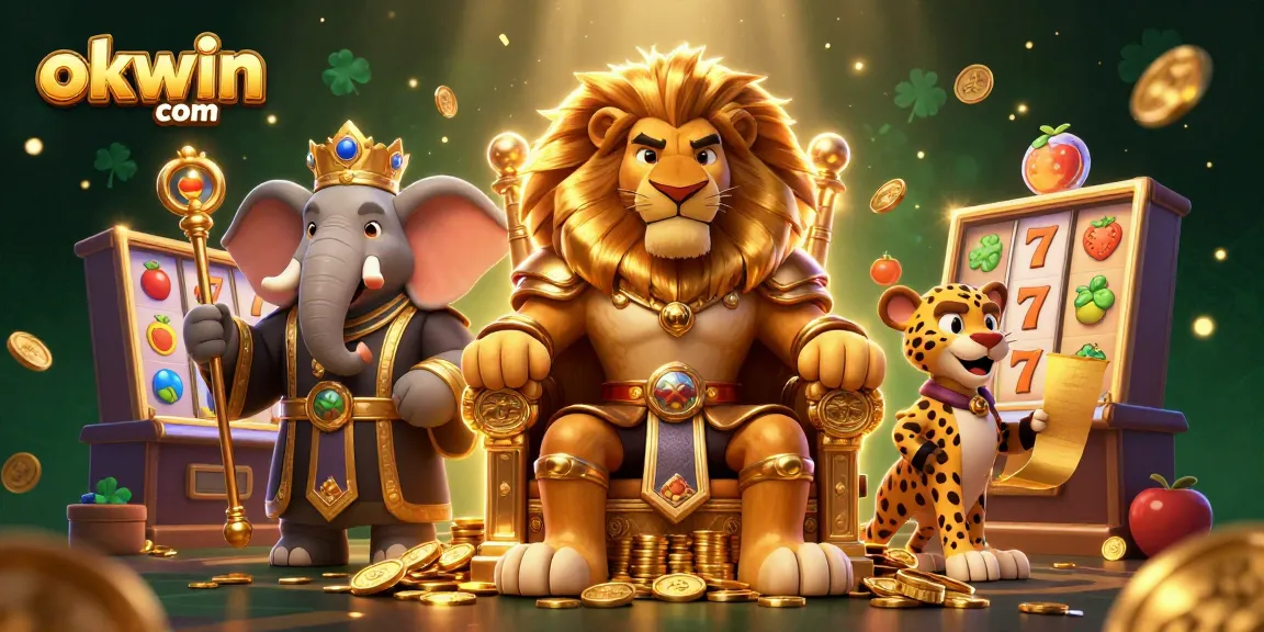 Experience exciting wins with okwin com amidst vibrant slot machines and engaging characters in a lively casino scene.