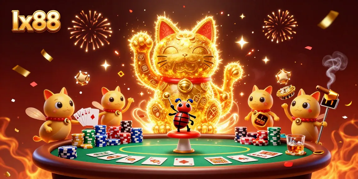 Join the action at lx88 with vibrant casino elements, poker excitement, and whimsical characters!