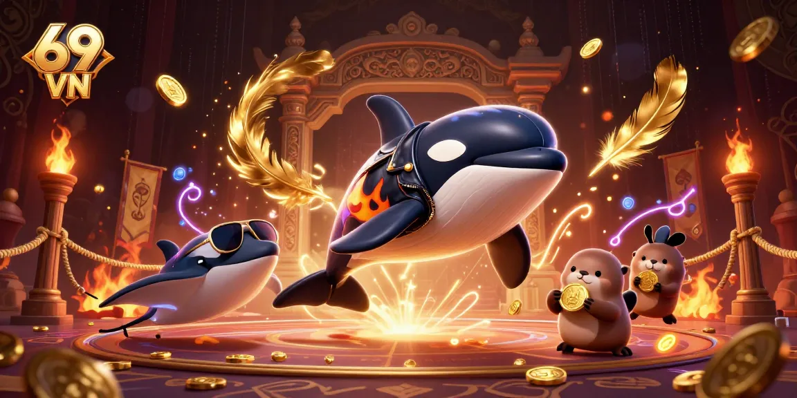 Engage with thrilling games at 69 VN, featuring an orca, stingray, and otters in a vibrant casino scene.