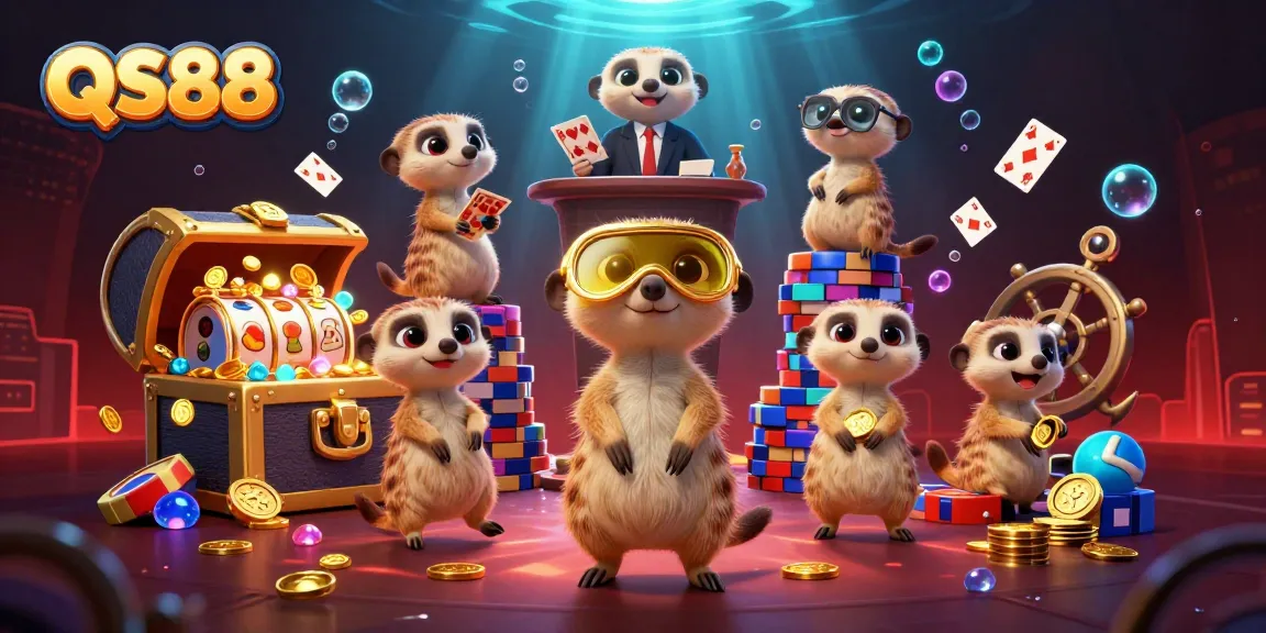 Watch QS88 meerkats managing a vibrant casino scene with colorful games and treasures.
